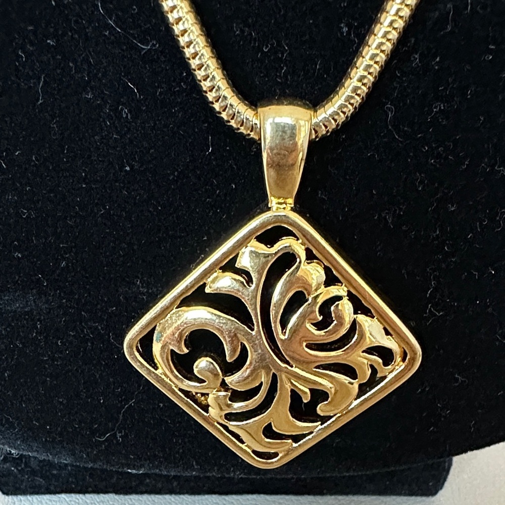Paquette Signed Gold Filigree Square Pendant Necklace- Snake Chain